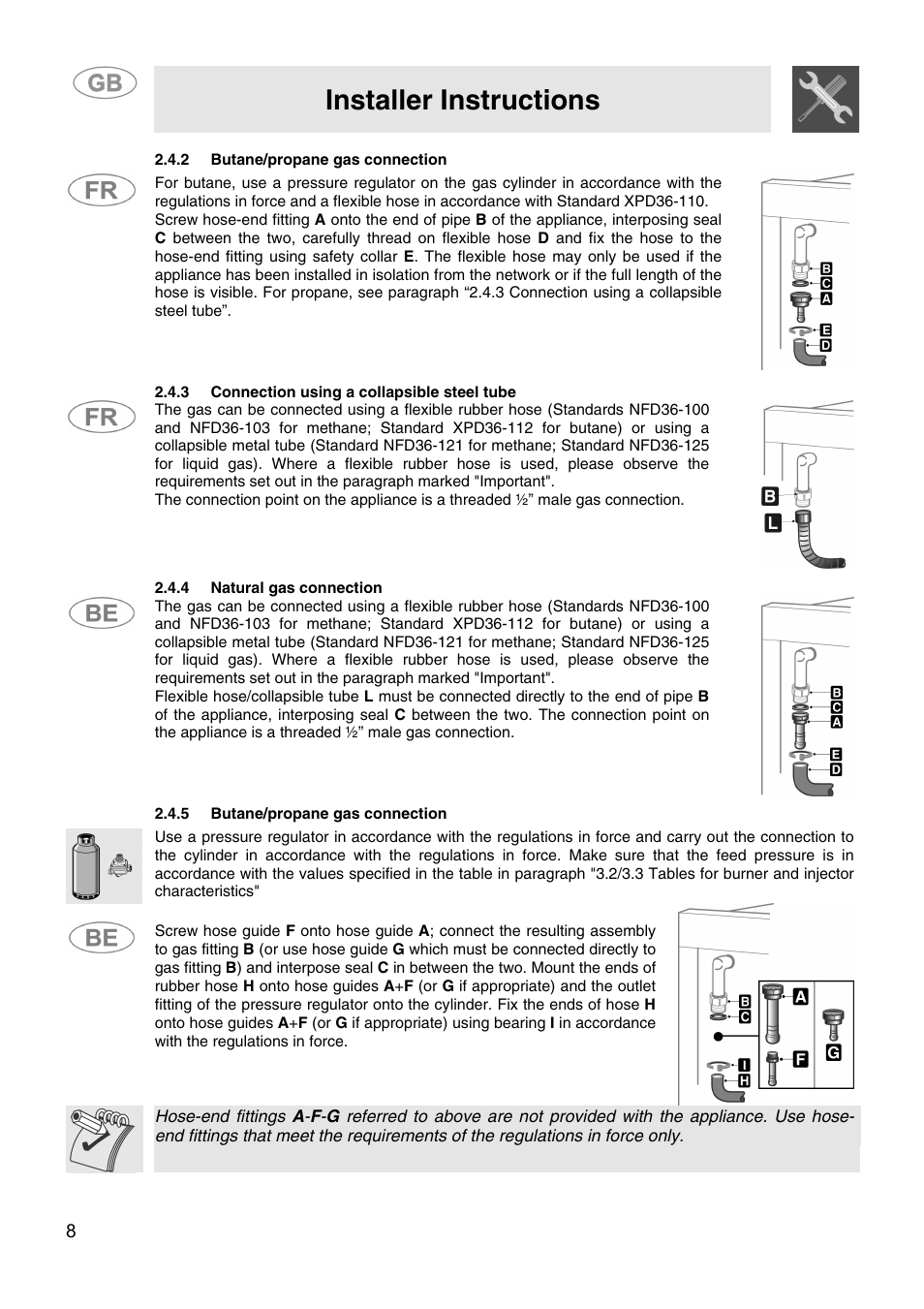 2 butane/propane gas connection, 3 connection using a collapsible steel tube, 4 natural gas connection | 5 butane/propane gas connection, Installer instructions | Smeg CS15-5 User Manual | Page 6 / 20