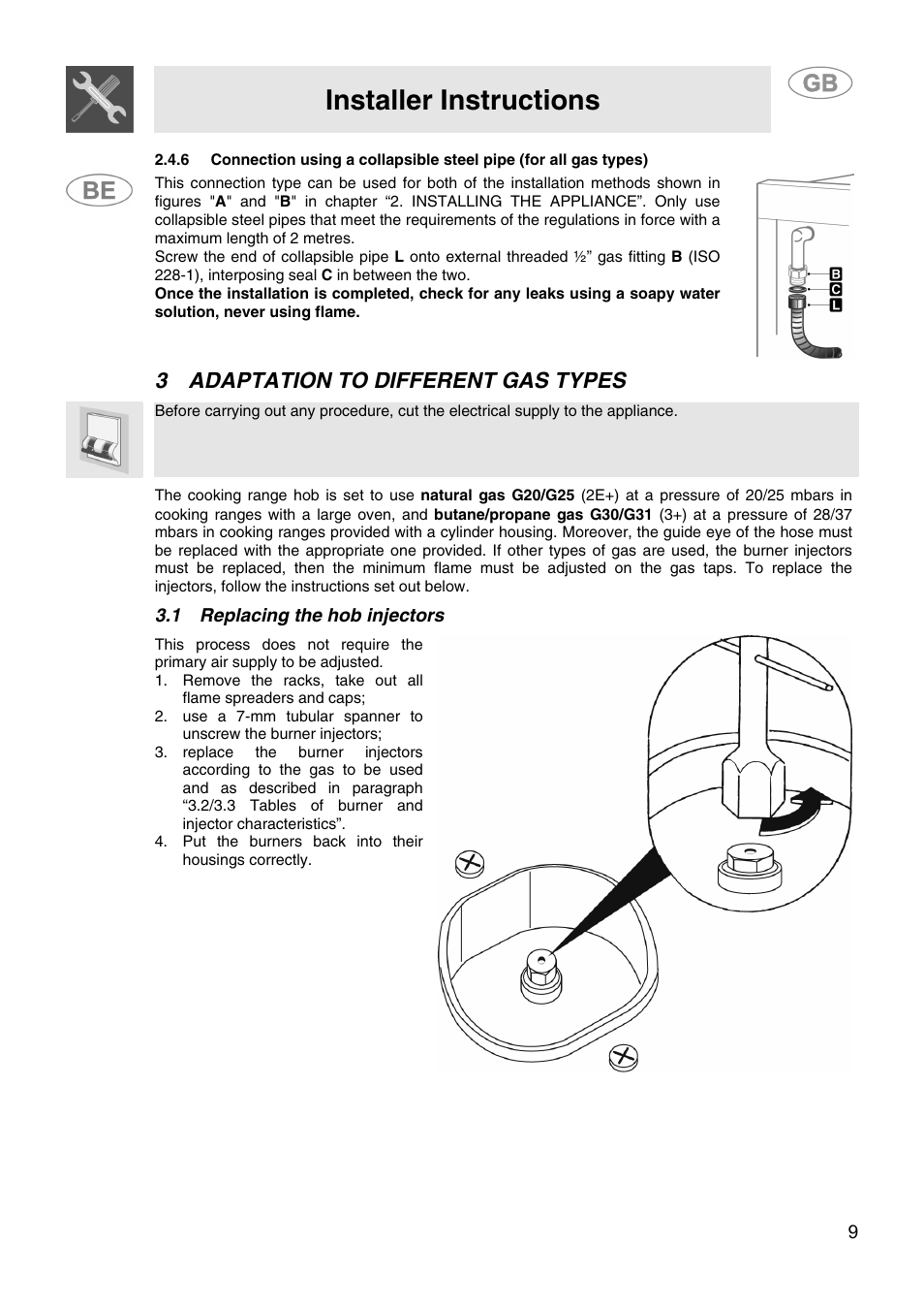 3 adaptation to different gas types, 1 replacing the hob injectors, Adaptation to different gas types | Installer instructions | Smeg CS15-5 User Manual | Page 7 / 20