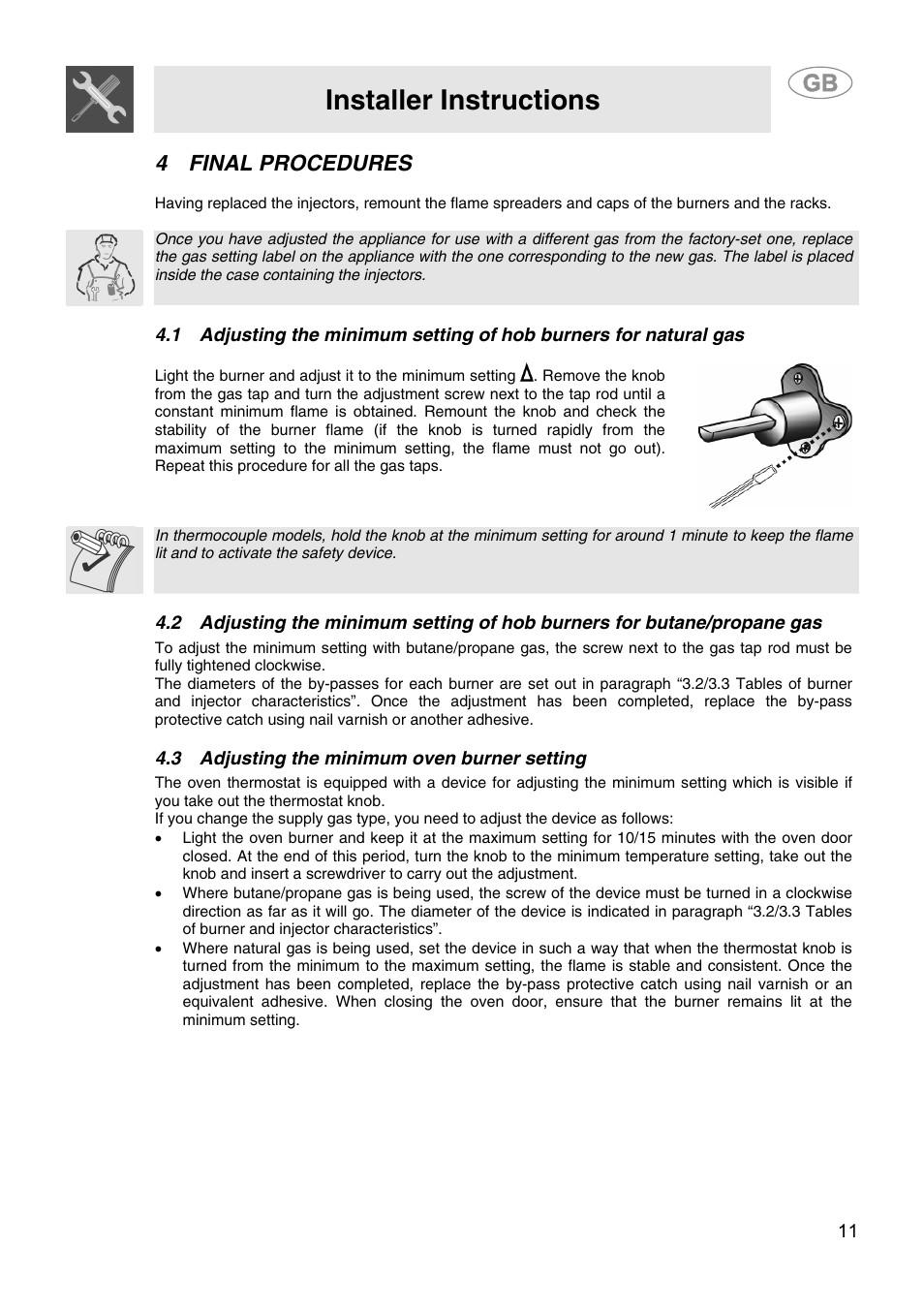 4 final procedures, 3 adjusting the minimum oven burner setting, Final procedures | Installer instructions | Smeg CS15-5 User Manual | Page 9 / 20