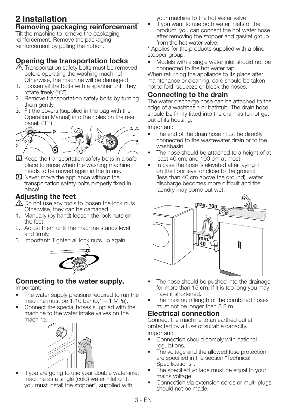 2 installation | Smeg LAVATRICE LBS86F User Manual | Page 3 / 13