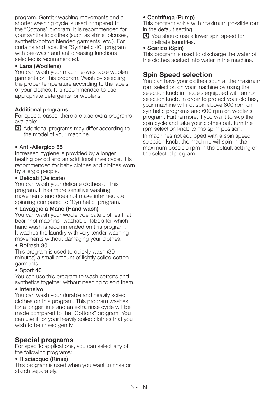 Special programs, Spin speed selection | Smeg LAVATRICE LBS86F User Manual | Page 6 / 13