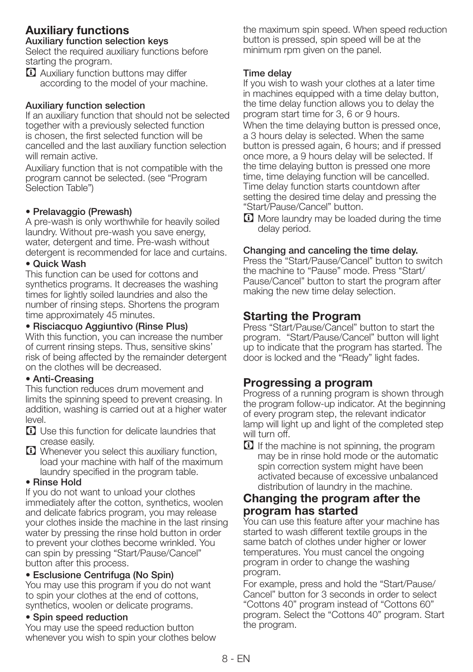 Auxiliary functions, Starting the program, Progressing a program | Changing the program after the program has started | Smeg LAVATRICE LBS86F User Manual | Page 8 / 13