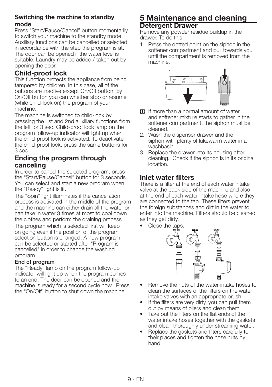 5 maintenance and cleaning, Child-proof lock, Ending the program through canceling | Detergent drawer, Inlet water filters | Smeg LAVATRICE LBS86F User Manual | Page 9 / 13