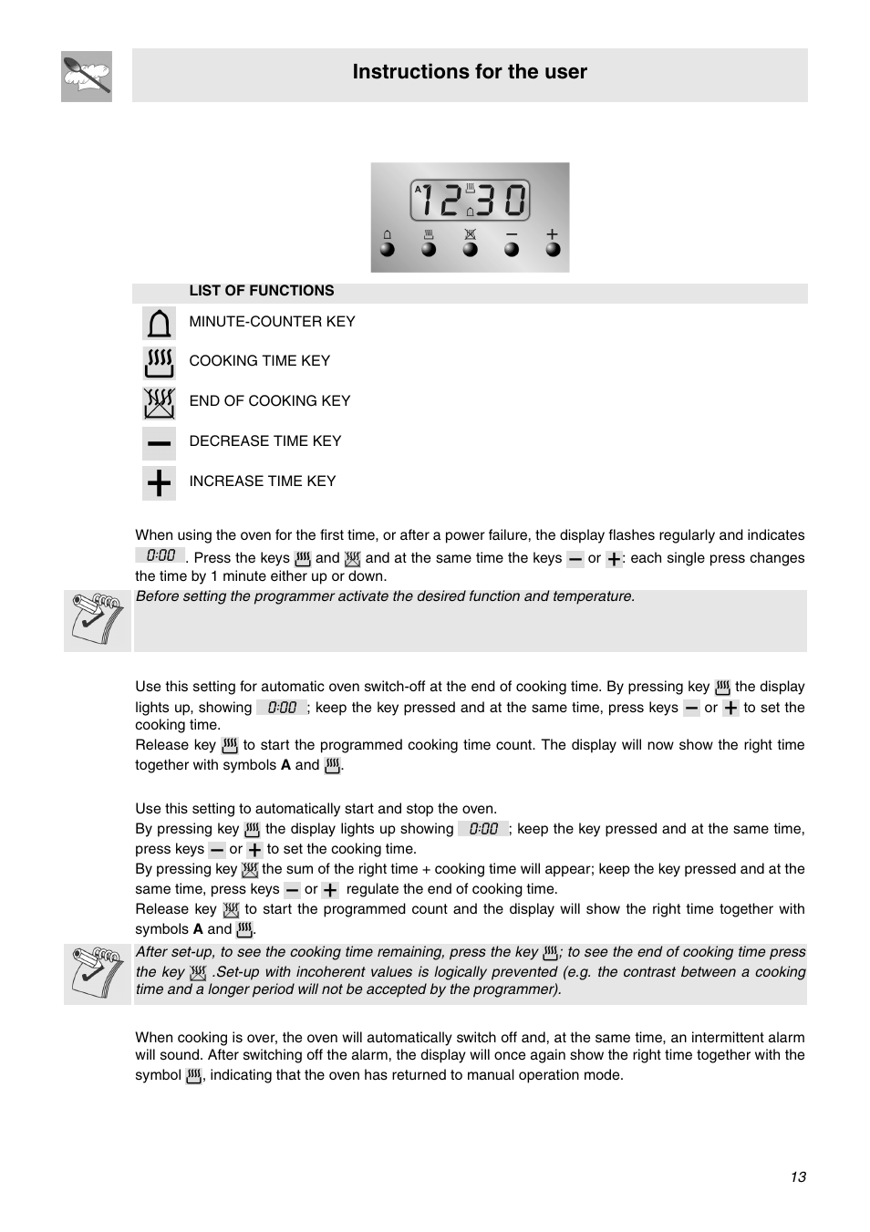 Electronic programmer, 1 clock adjustment, 2 semiautomatic cooking | 3 automatic cooking, 4 end of cooking, Instructions for the user | Smeg SNZ61MFA1 User Manual | Page 11 / 24