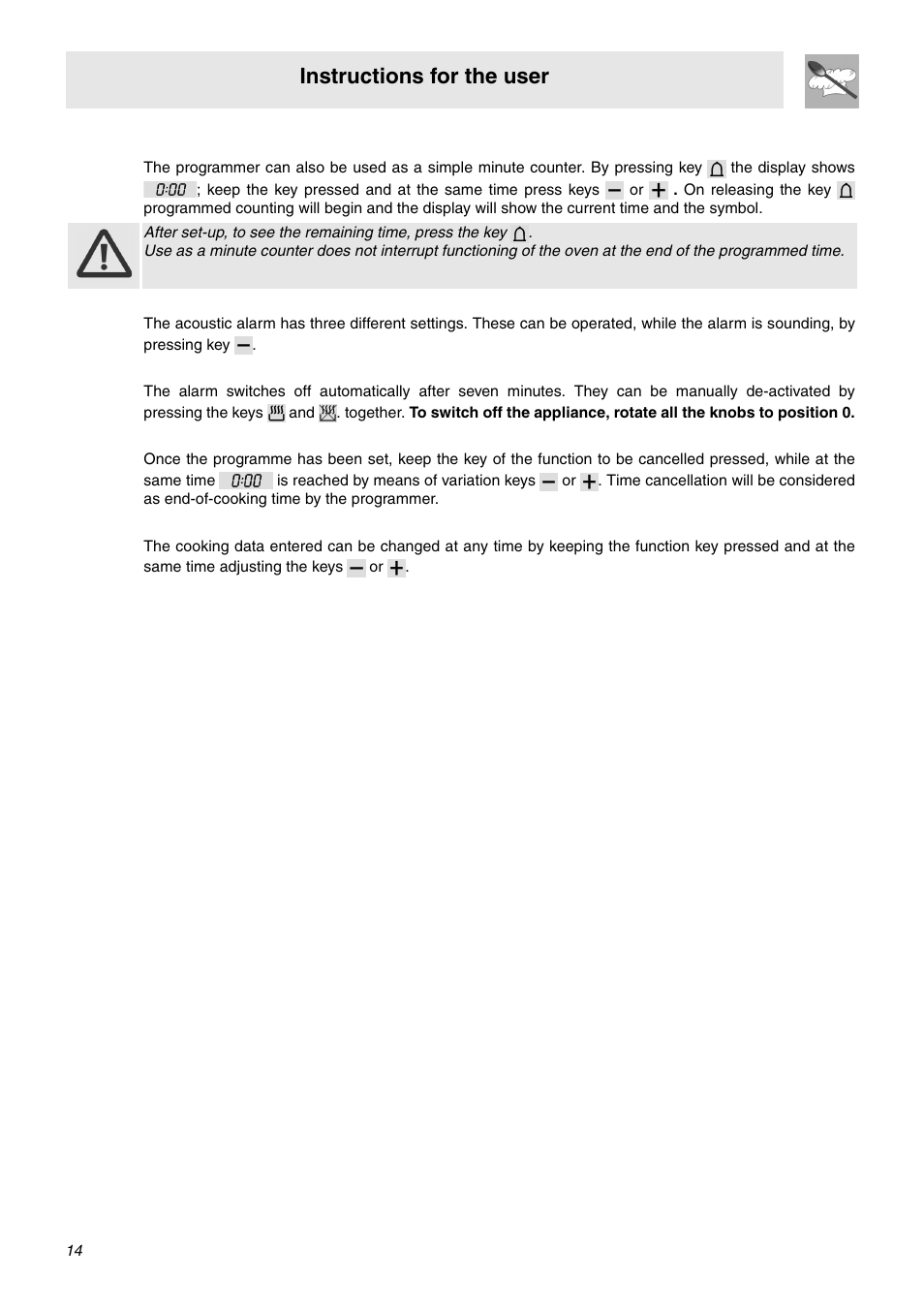 5 minute counter, 6 adjusting alarm volume, 7 switching off the alarm | 8 cancellation of set data, 9 changing the set data, Instructions for the user | Smeg SNZ61MFA1 User Manual | Page 12 / 24