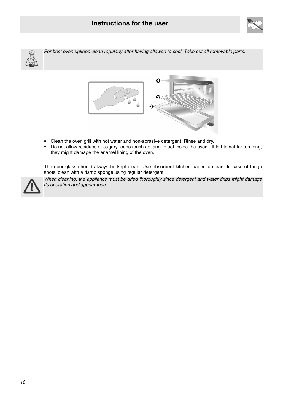 5 cleaning of oven, 6 door glass, Instructions for the user | Smeg SNZ61MFA1 User Manual | Page 14 / 24