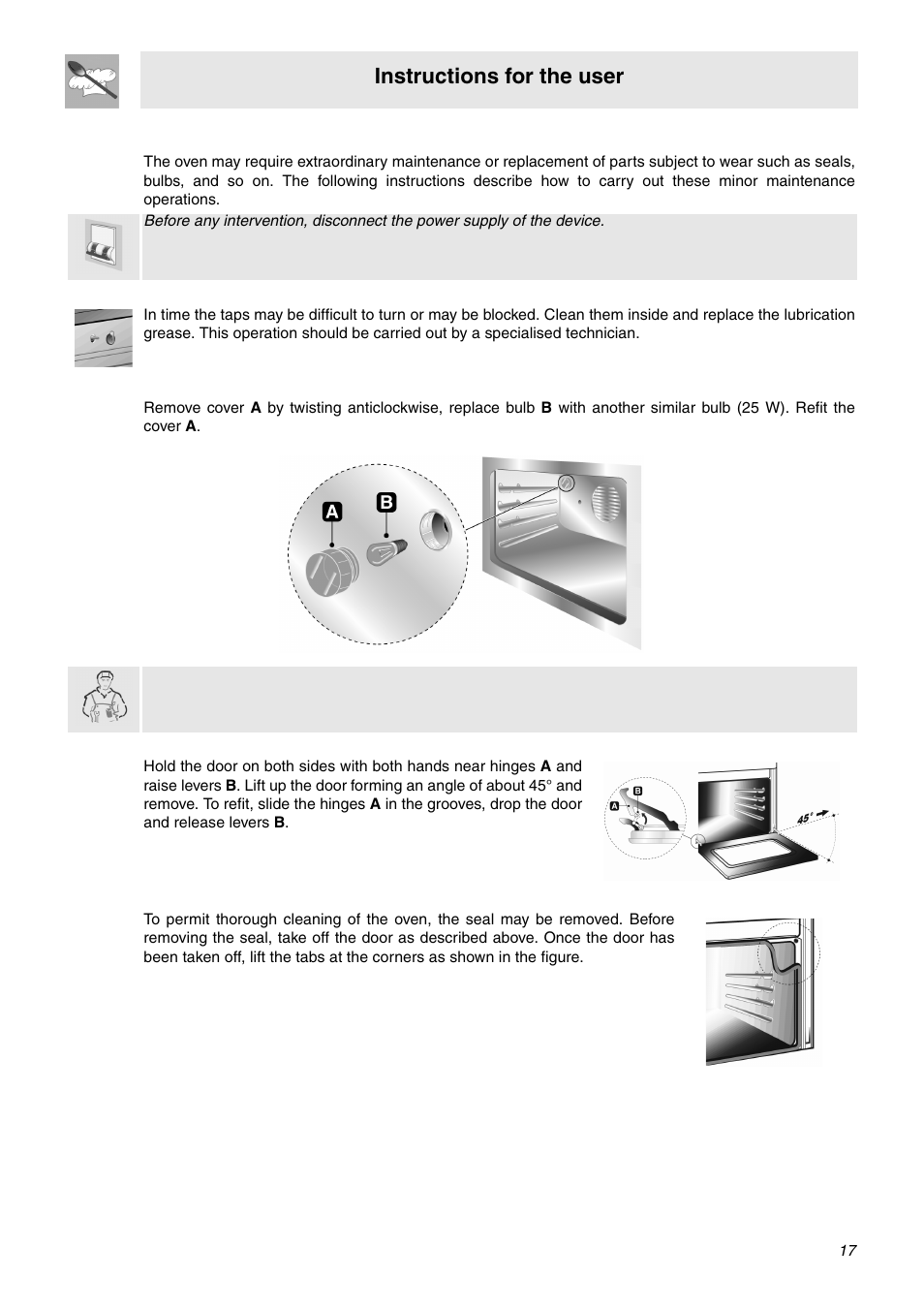 Extraordinary maintenance, 1 lubrication of the taps, 2 replacement of light bulb | 3 removing the door, 4 oven door gaskets, Instructions for the user | Smeg SNZ61MFA1 User Manual | Page 15 / 24