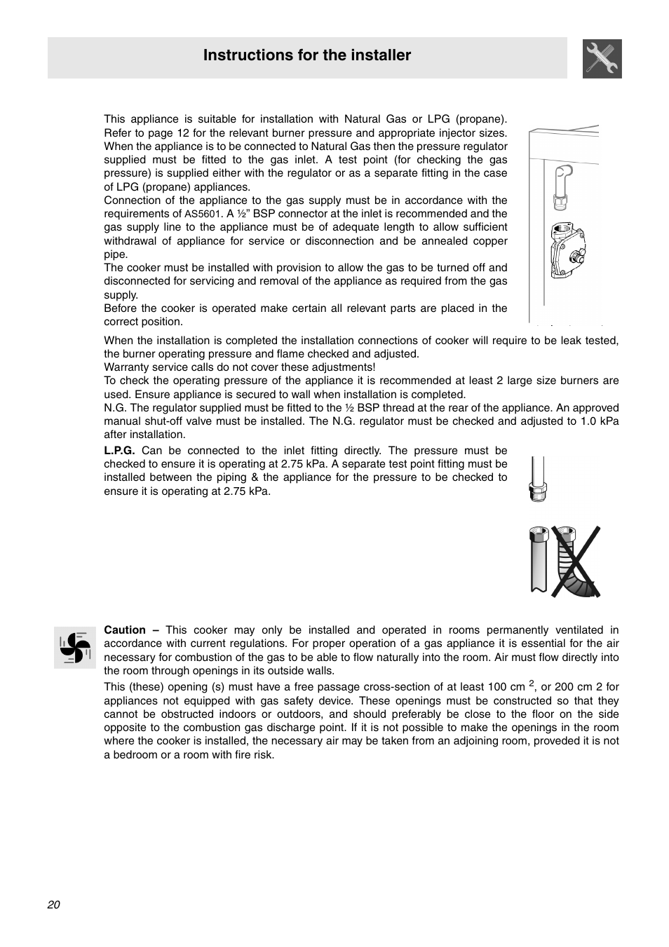 2 gas connection, 3 room ventilation, Instructions for the installer | Smeg SNZ61MFA1 User Manual | Page 18 / 24