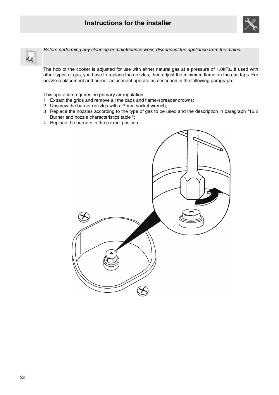 Adaptation to different types of gas, 1 replacement of nozzles on the hob, 4 replace the burners in the correct position | Instructions for the installer | Smeg SNZ61MFA1 User Manual | Page 20 / 24