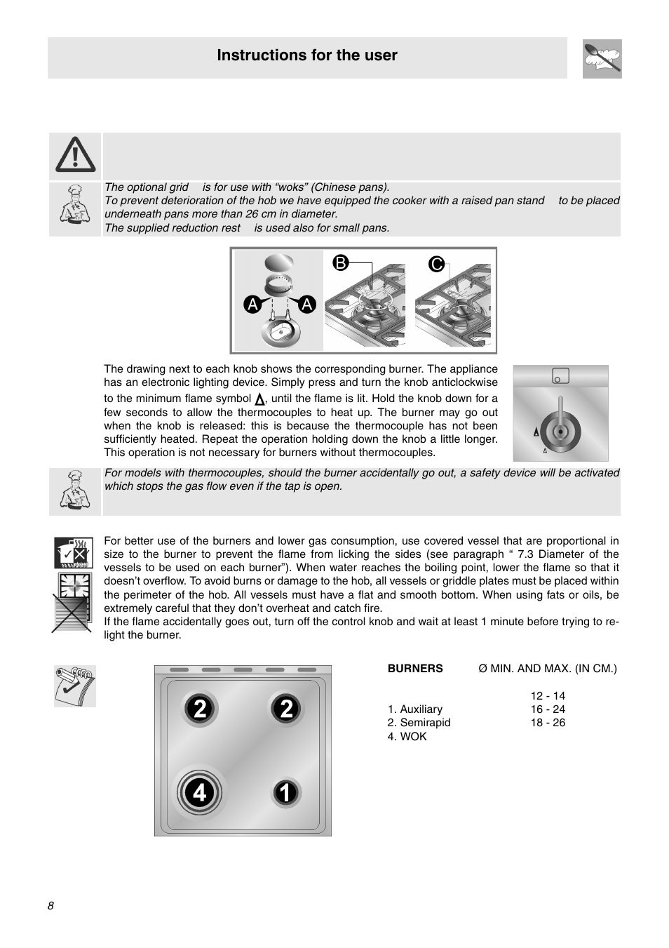 Use of the hob, 1 lighting of the hob burners, 2 practical advice for using the hob burners | Instructions for the user | Smeg SNZ61MFA1 User Manual | Page 6 / 24