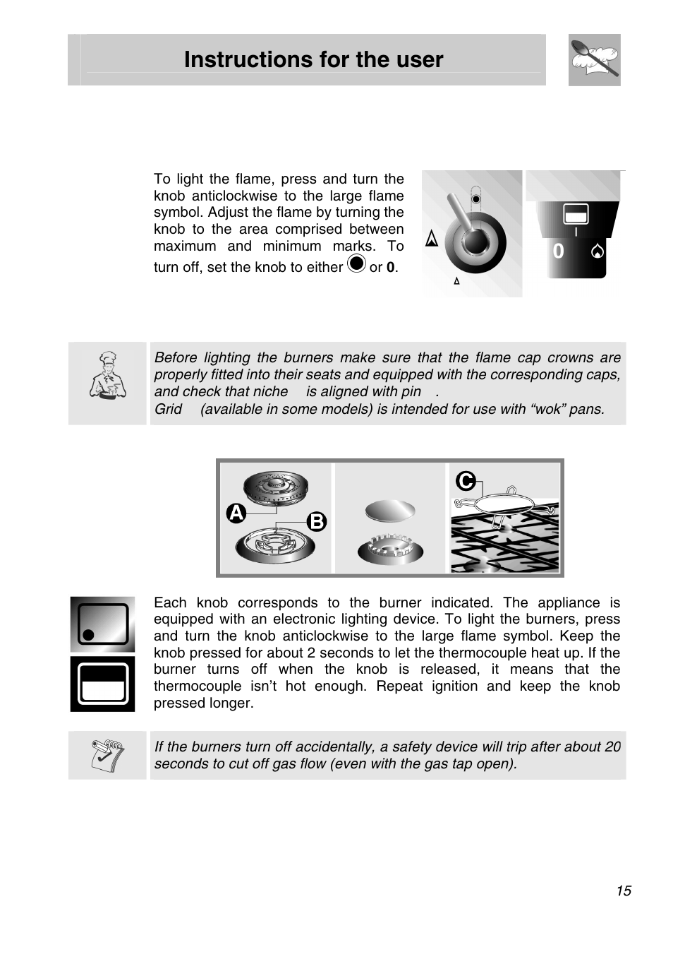 Instructions for the user, Use of the hob, 1 burner knob | 2 lighting the burners | Smeg PVA96 User Manual | Page 13 / 18