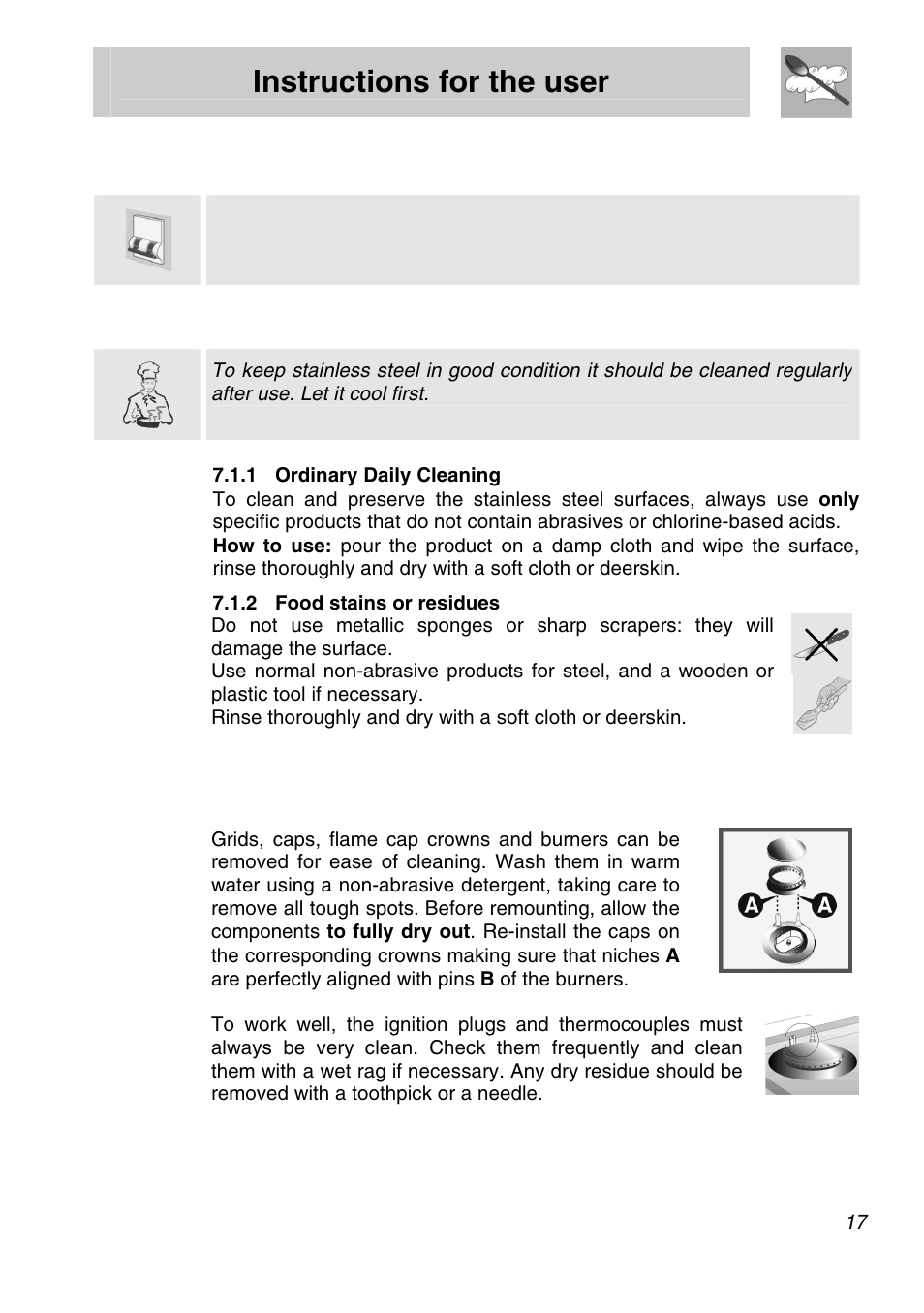 Instructions for the user, Cleaning and maintenance, 1 cleaning stainless steel | 2 cleaning of the hob components | Smeg PVA96 User Manual | Page 15 / 18