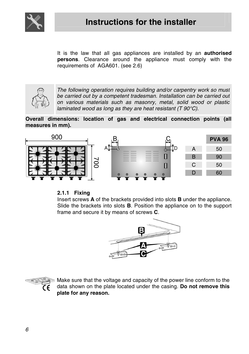 Instructions for the installer, Installation of the appliance, 1 positioning | 2 electrical connection | Smeg PVA96 User Manual | Page 4 / 18
