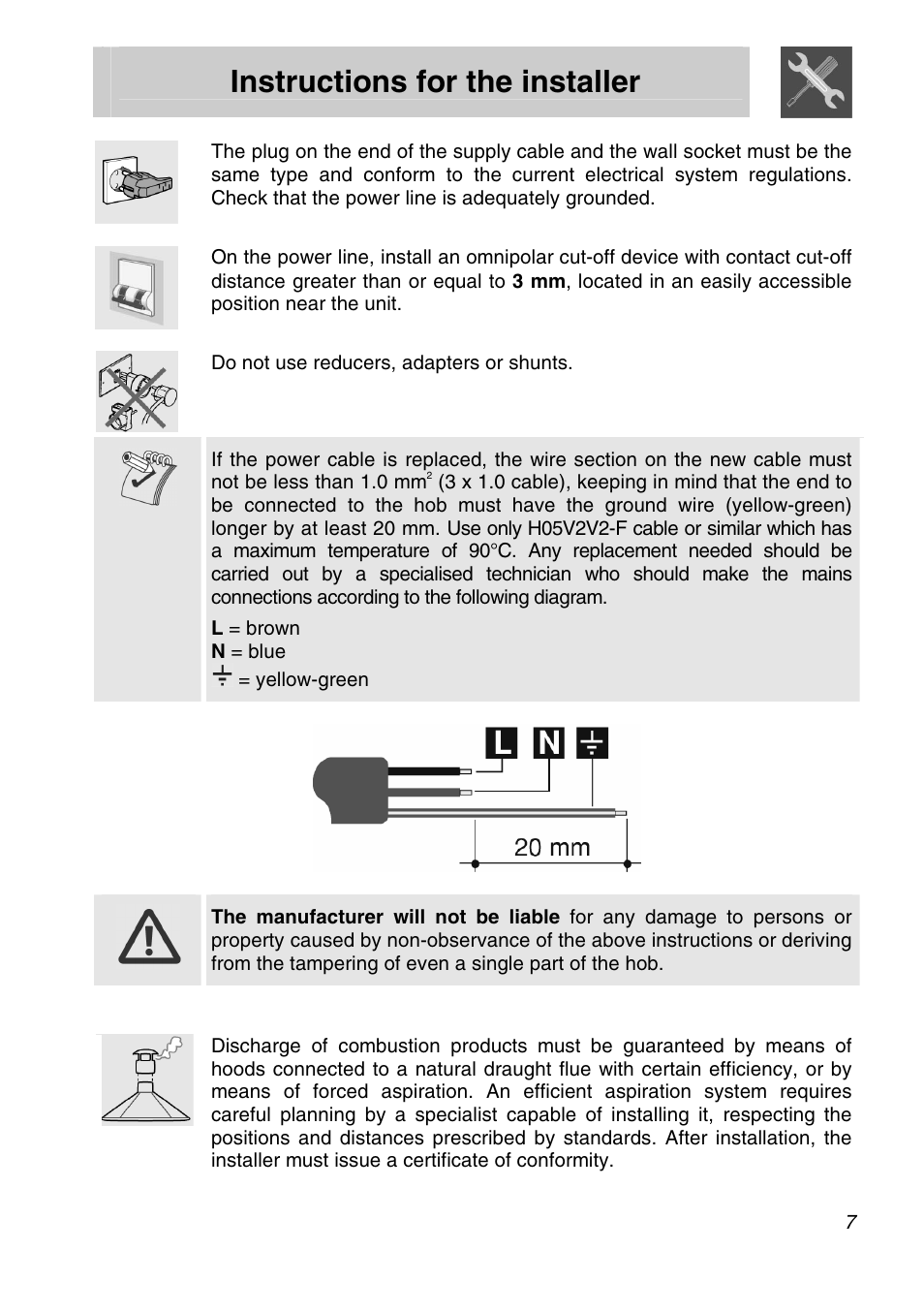 Instructions for the installer, 3 discharge of combustion products | Smeg PVA96 User Manual | Page 5 / 18
