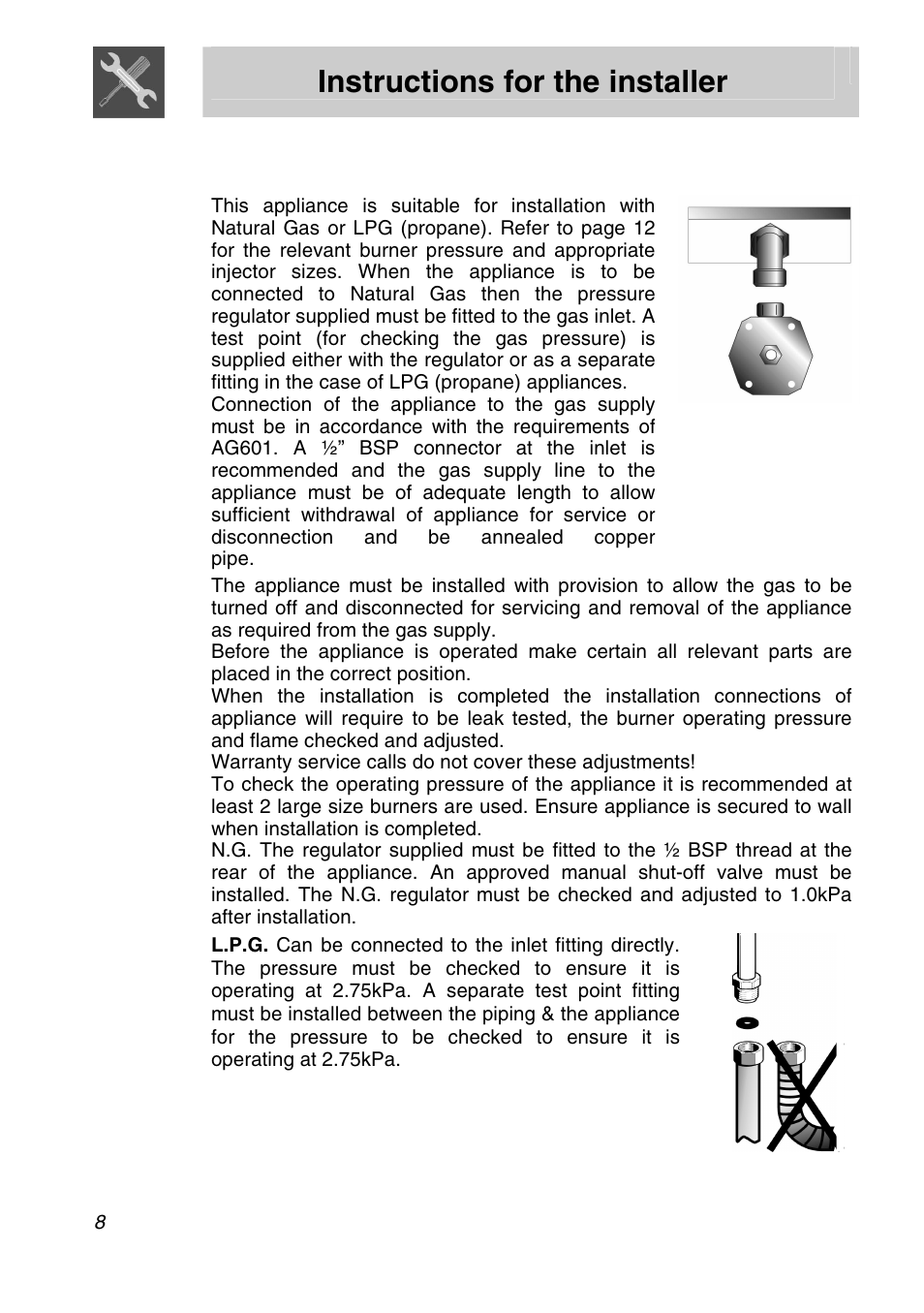 Instructions for the installer, Gas connection | Smeg PVA96 User Manual | Page 6 / 18