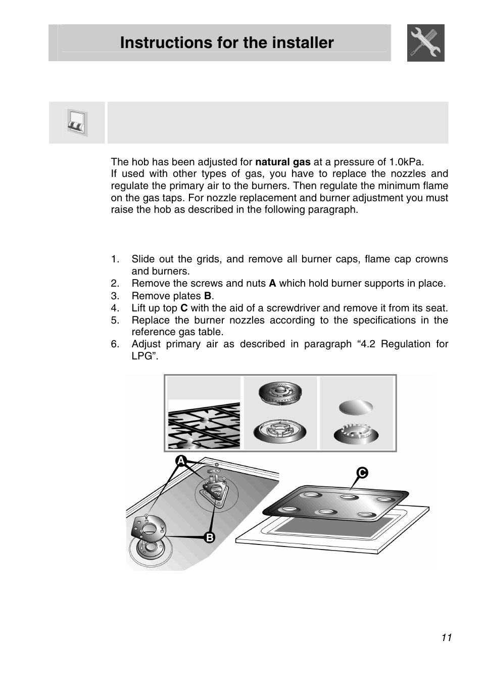Instructions for the installer, Adapting to different types of gas | Smeg PVA96 User Manual | Page 9 / 18