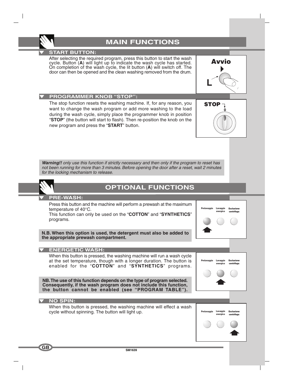 Avvio, Main functions optional functions, Stop | Smeg SM1634 User Manual | Page 16 / 18