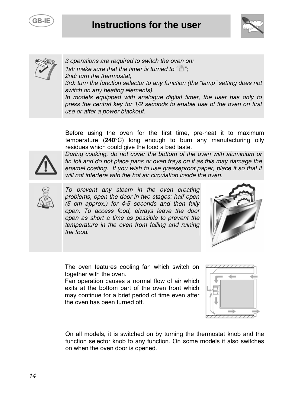 Instructions for the user, Use of the oven, 1 warnings and general advice | 2 cooling system, 3 oven light | Smeg Electric Multifunction F170K User Manual | Page 12 / 21