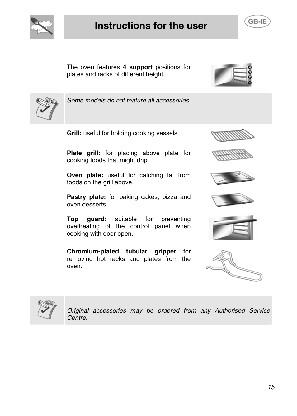 Instructions for the user, Available accessories | Smeg Electric Multifunction F170K User Manual | Page 13 / 21