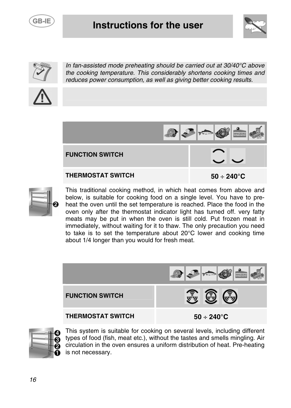 Instructions for the user, Cooking hints, 1 traditional cooking | 2 hot-air cooking, Keep the oven door closed during cooking, Function switch, Thermostat switch | Smeg Electric Multifunction F170K User Manual | Page 14 / 21