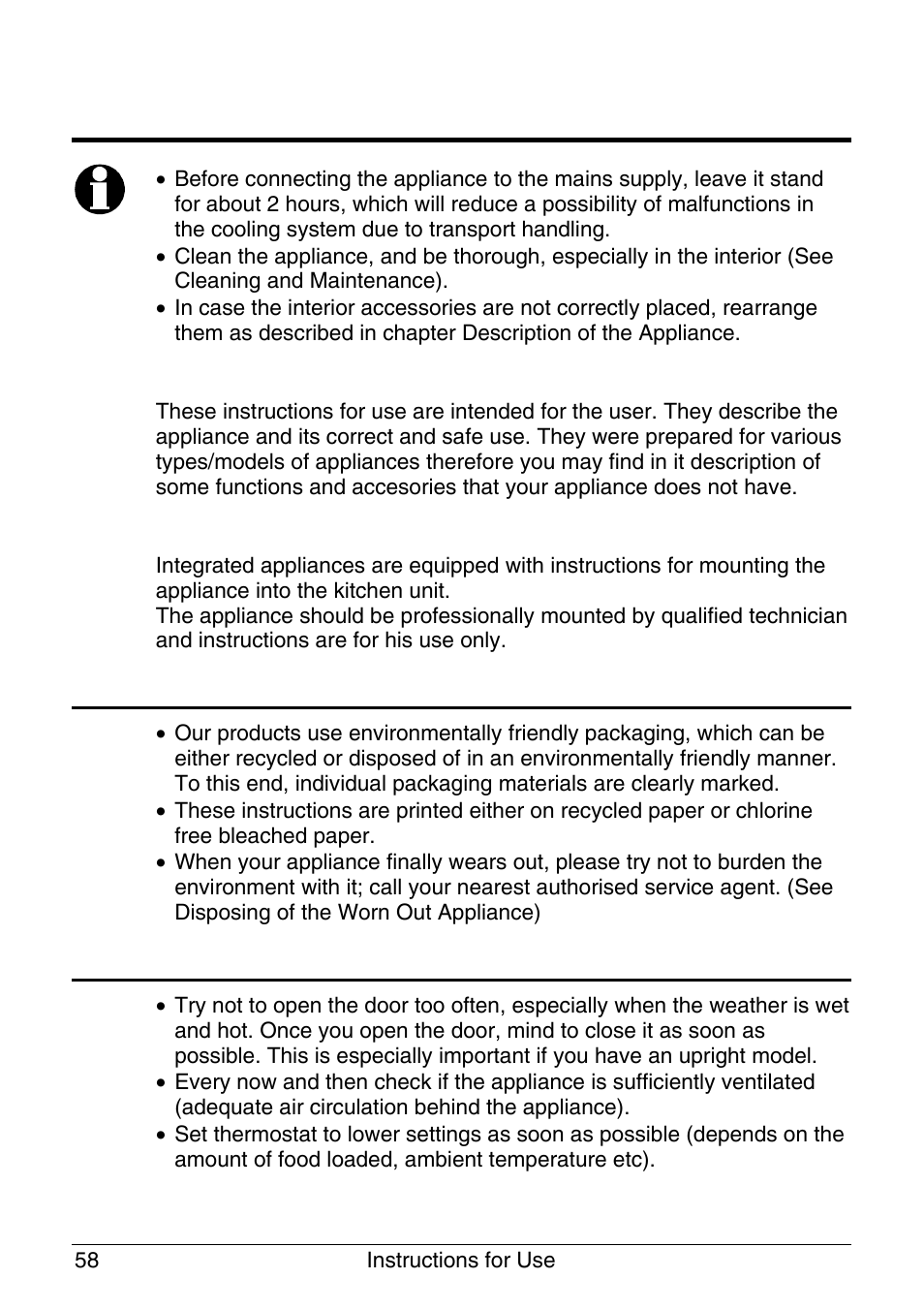 Before putting into use, We care for the environment, Tips for energy savings | Instructions for use, Mounting instructions | Smeg -Freezer CR320A User Manual | Page 2 / 18