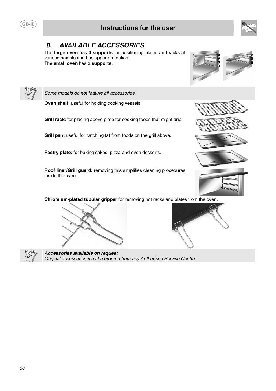 Available accessories, Instructions for the user | Smeg DO10PSS User Manual | Page 10 / 25