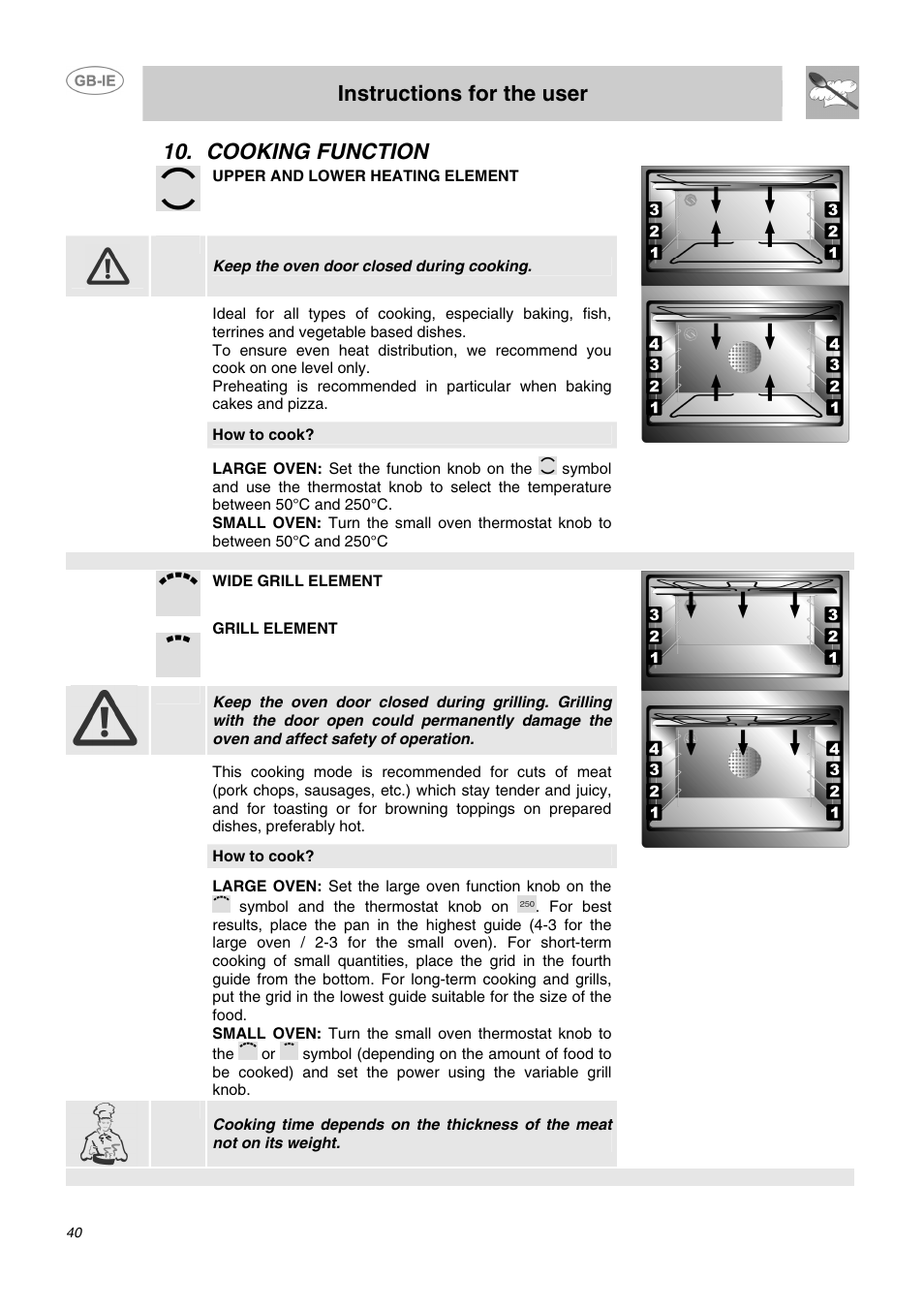 Cooking function, Instructions for the user | Smeg DO10PSS User Manual | Page 14 / 25
