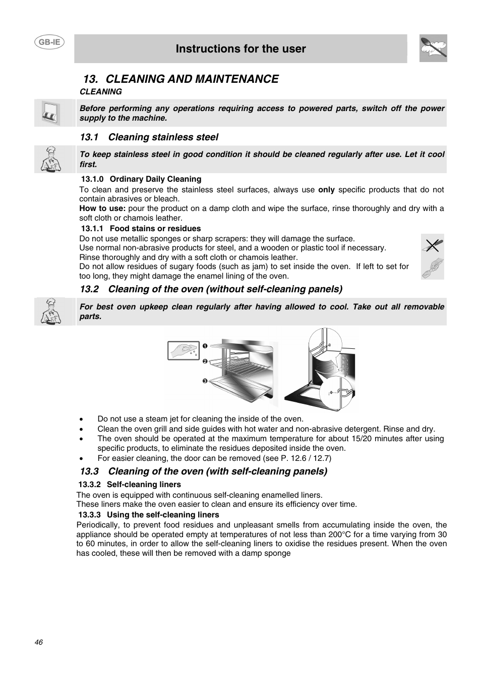 Cleaning and maintenance, 1 cleaning stainless steel, 0 ordinary daily cleaning | 1 food stains or residues, 3 cleaning of the oven (with self-cleaning panels), 2 self-cleaning liners, 3 using the self-cleaning liners, Instructions for the user | Smeg DO10PSS User Manual | Page 20 / 25