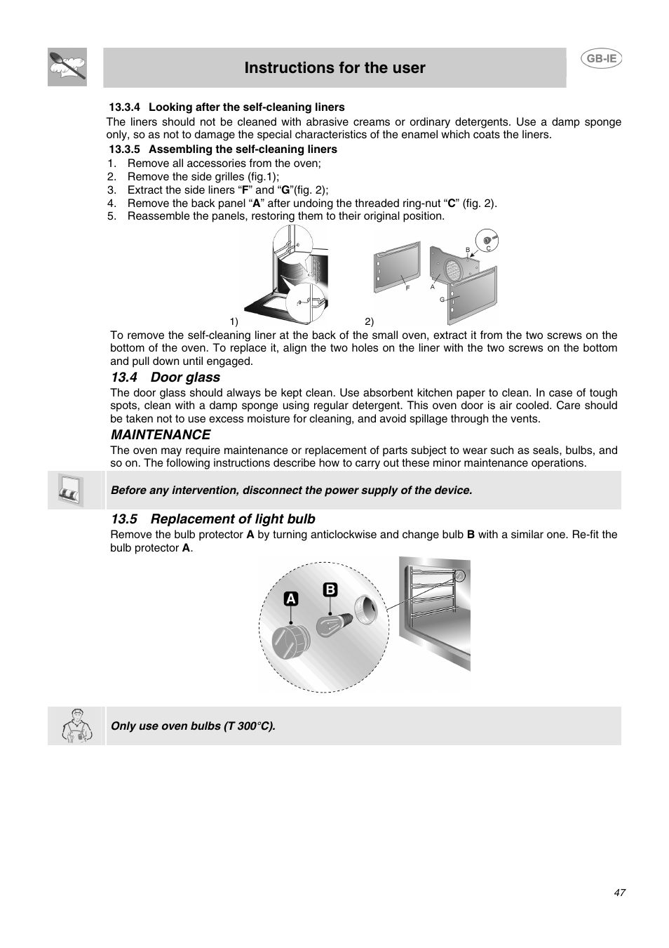 4 looking after the self-cleaning liners, 5 assembling the self-cleaning liners, 4 door glass | 5 replacement of light bulb, Instructions for the user | Smeg DO10PSS User Manual | Page 21 / 25