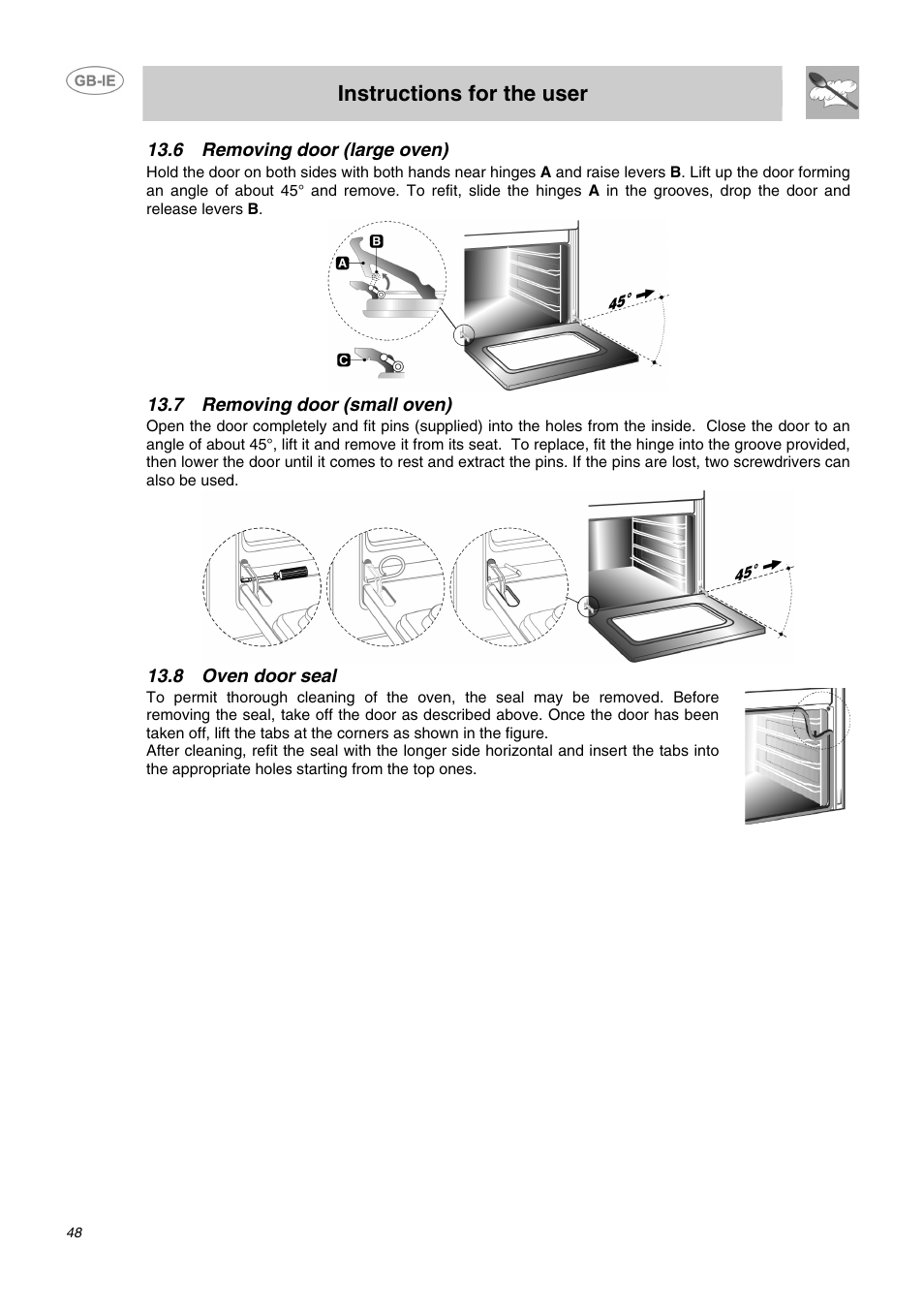 6 removing door (large oven), 7 removing door (small oven), 8 oven door seal | Instructions for the user | Smeg DO10PSS User Manual | Page 22 / 25