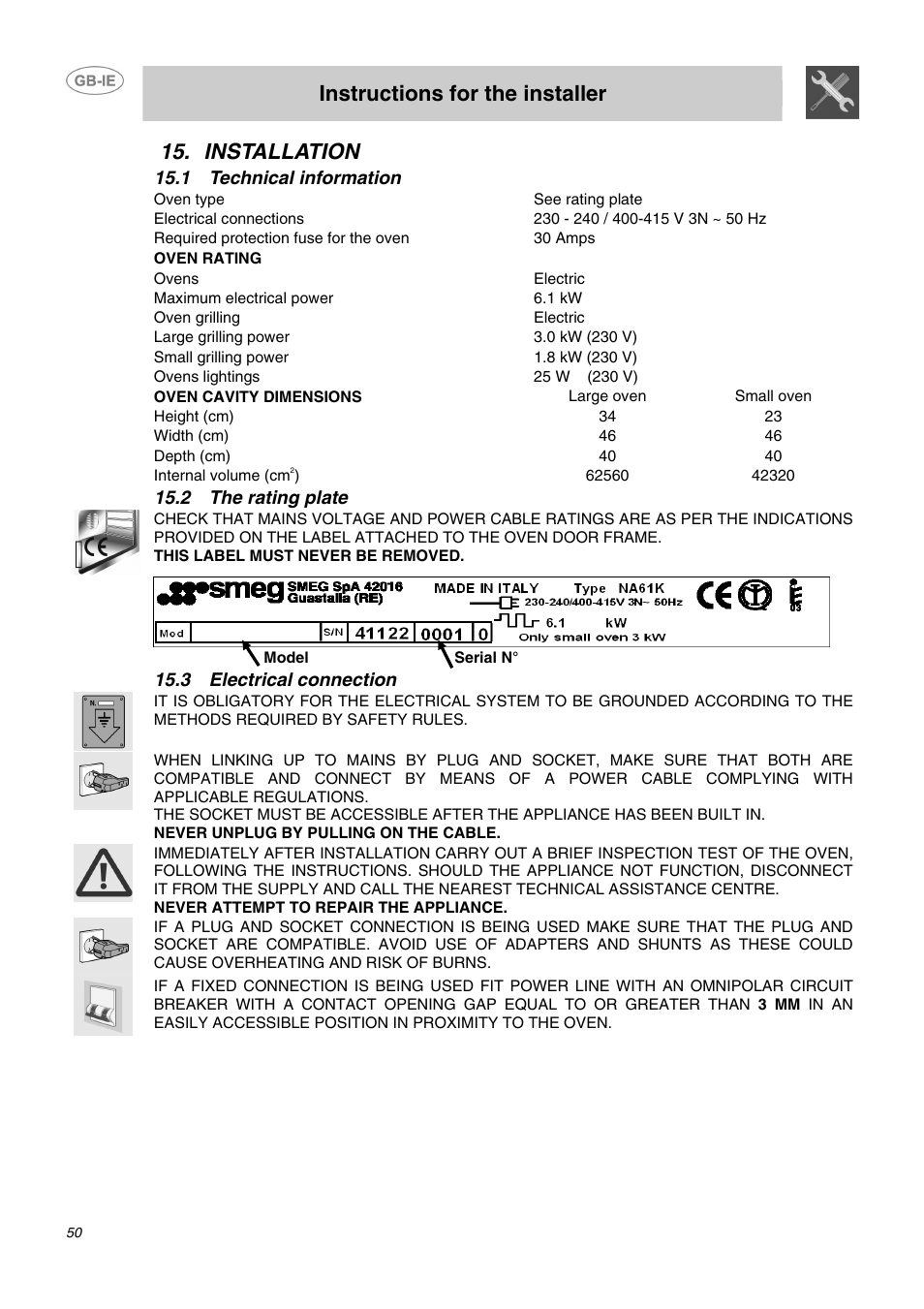 Installation, 1 technical information, 2 the rating plate | 3 electrical connection, Instructions for the installer | Smeg DO10PSS User Manual | Page 24 / 25