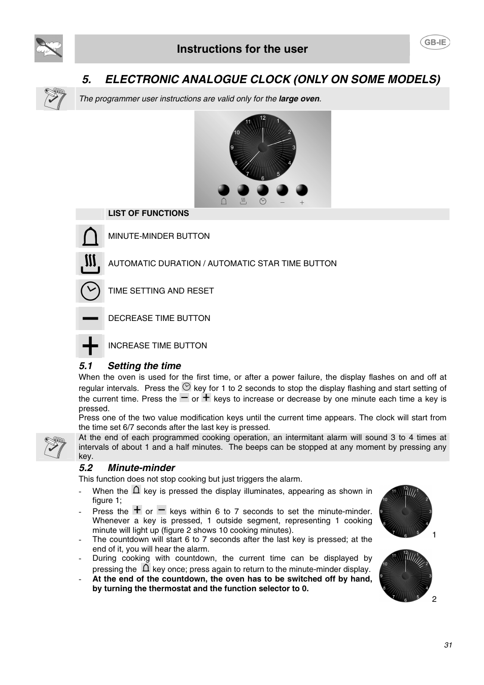 Electronic analogue clock (only on some models), 1 setting the time, 2 minute-minder | Instructions for the user | Smeg DO10PSS User Manual | Page 5 / 25