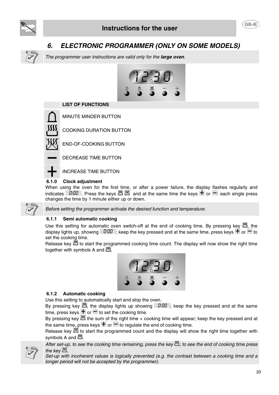 Electronic programmer (only on some models), 0 clock adjustment, 1 semi automatic cooking | 2 automatic cooking, Instructions for the user | Smeg DO10PSS User Manual | Page 7 / 25