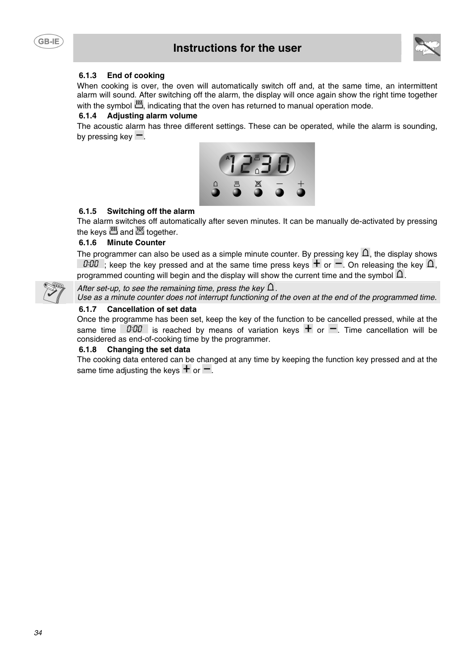 3 end of cooking, 4 adjusting alarm volume, 5 switching off the alarm | 6 minute counter, 7 cancellation of set data, 8 changing the set data, Instructions for the user | Smeg DO10PSS User Manual | Page 8 / 25