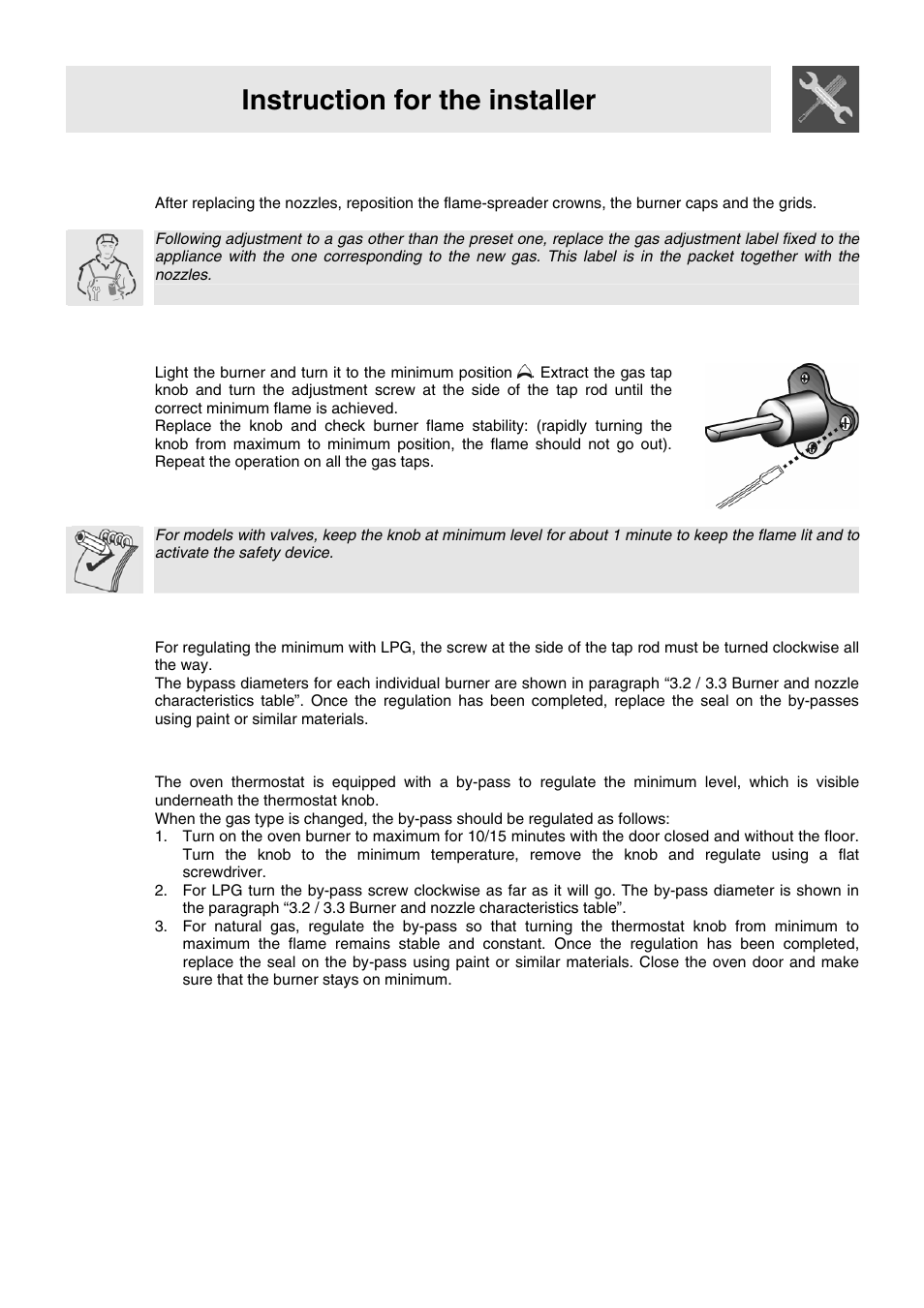 Instruction for the installer, 4 final operations, 3 regulation of the oven burner minimum level | Smeg VA91XVG User Manual | Page 10 / 26