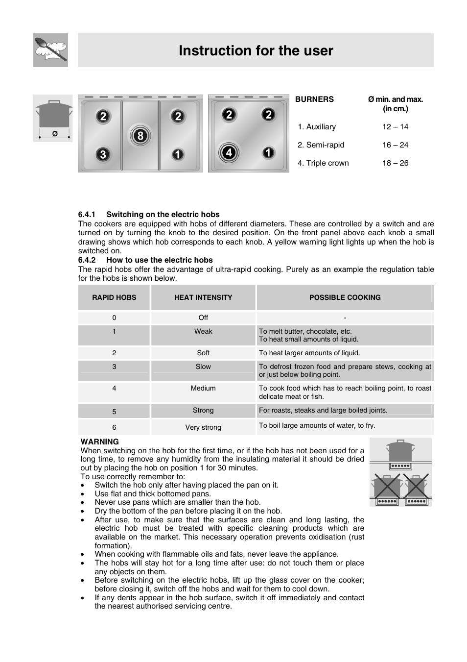 Instruction for the user, 3 diameter of containers (60 cm. models), 4 switching on the electric hob | Smeg VA91XVG User Manual | Page 15 / 26