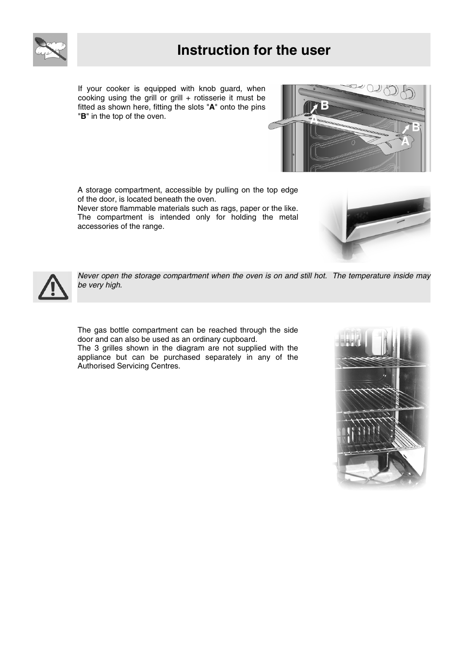 Instruction for the user, 6 storage compartment, 7 gas bottle compartment (certain models only) | Smeg VA91XVG User Manual | Page 19 / 26