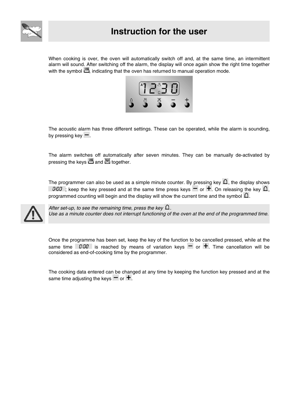 Instruction for the user, 4 end of cooking, 5 adjusting alarm volume | 6 switching off the alarm, 7 minute counter, 8 cancellation of set data, 9 changing the set data | Smeg VA91XVG User Manual | Page 21 / 26