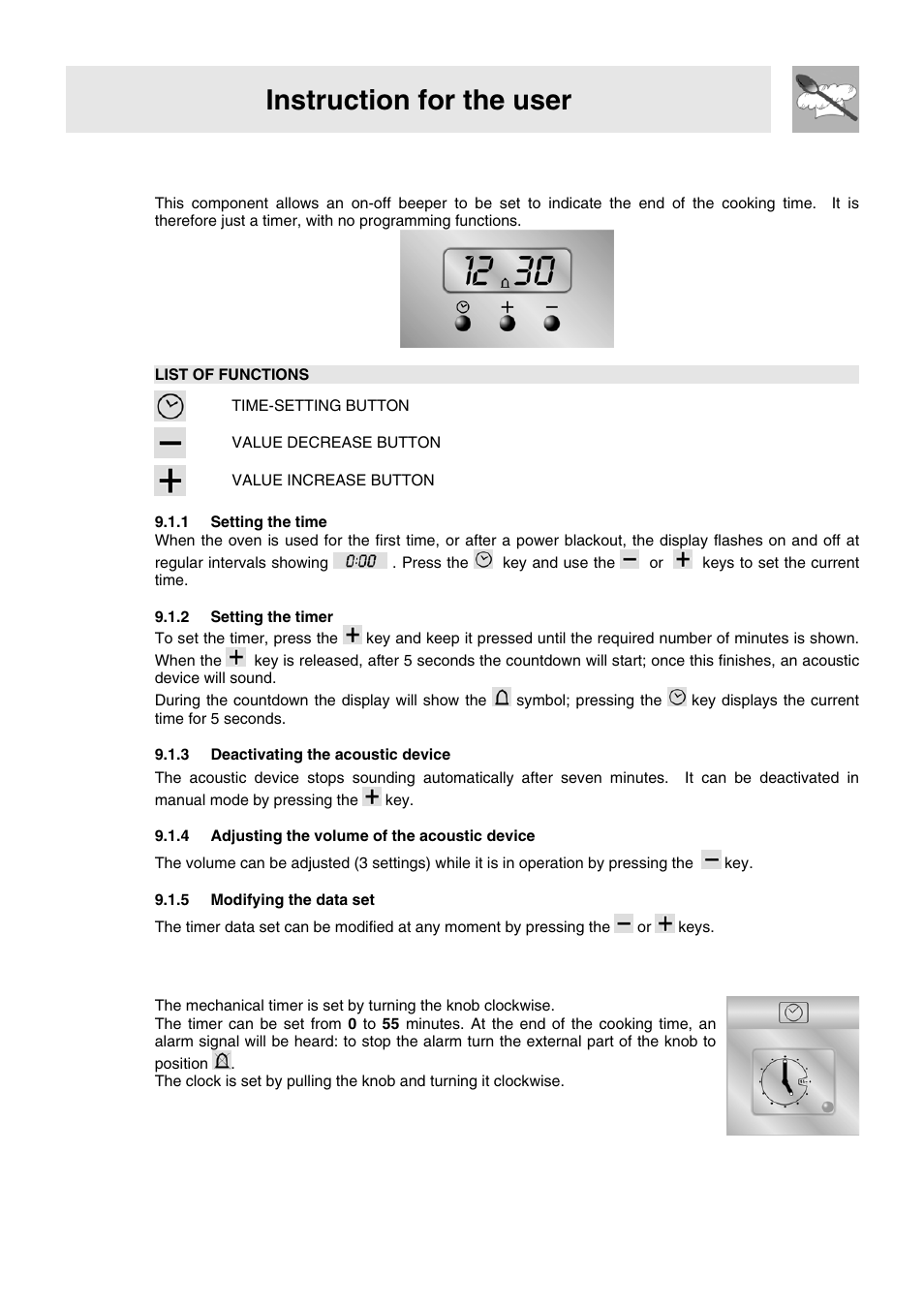 Instruction for the user, 9 digital timer (certain models only), 10 analogue clock (only on equipped models) | Smeg VA91XVG User Manual | Page 22 / 26