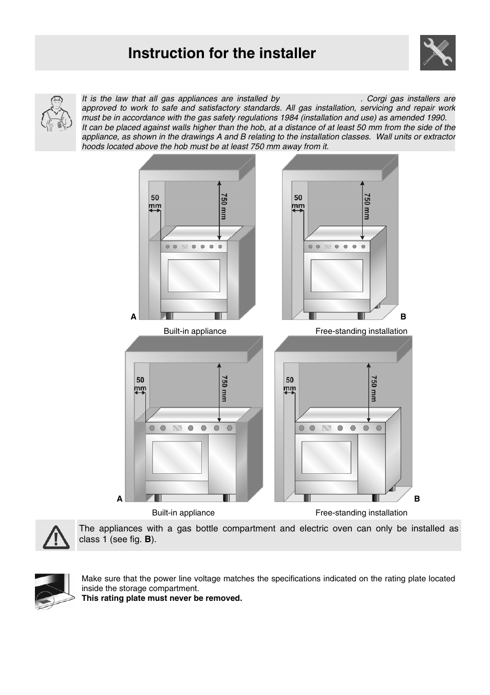 Instruction for the installer, 2 installation of the appliance, 1 electrical connection | Smeg VA91XVG User Manual | Page 4 / 26