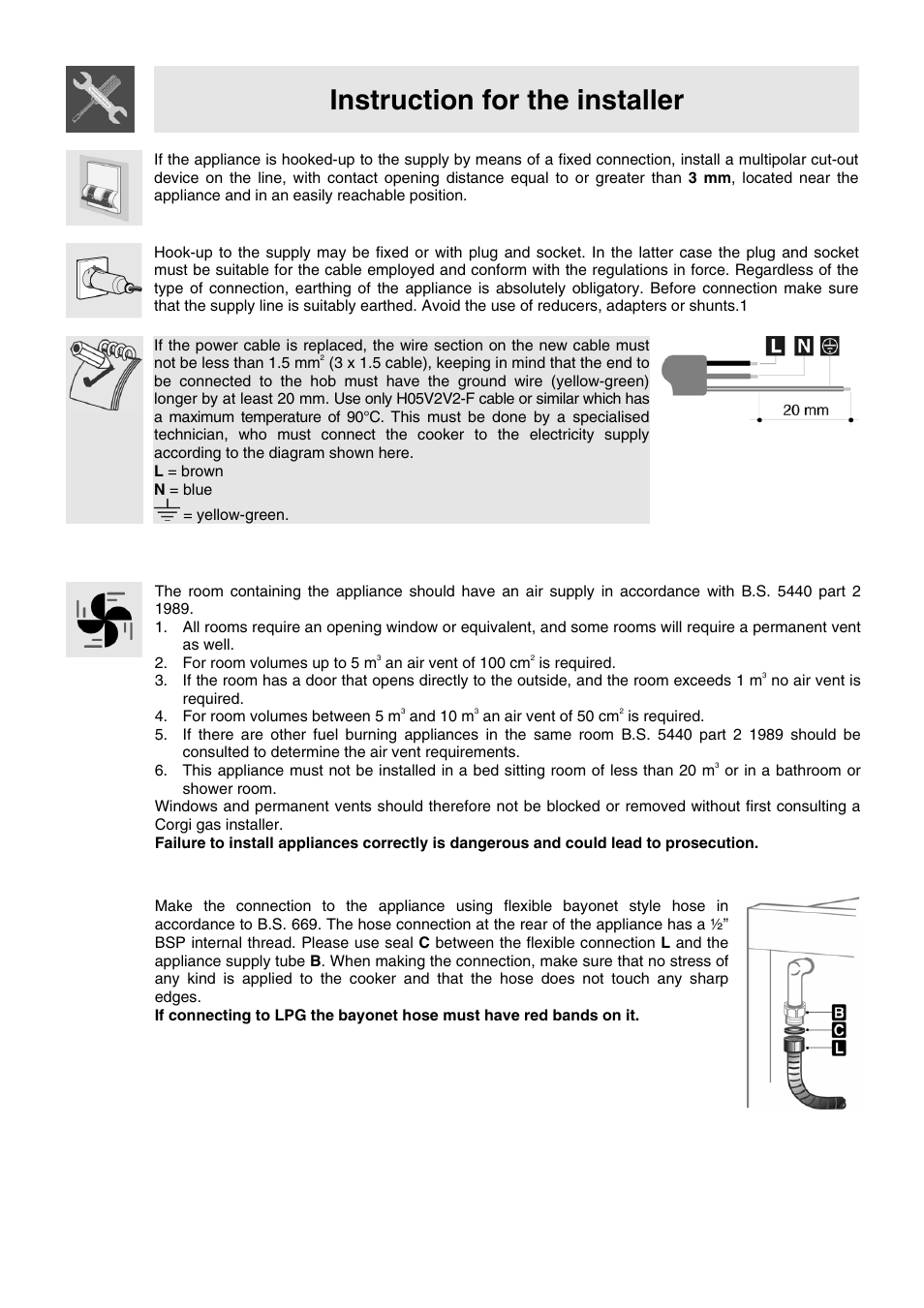 Instruction for the installer, 2 ventilation requirements, 3 connecting to natural and lpg gas | Smeg VA91XVG User Manual | Page 5 / 26