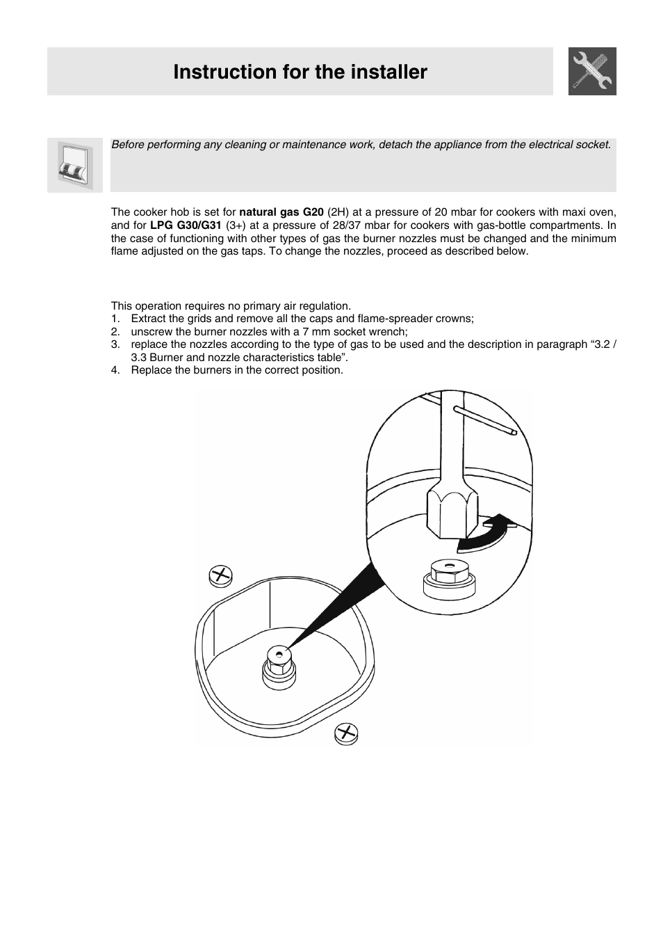 Instruction for the installer, 3 adaptation to different types of gas | Smeg VA91XVG User Manual | Page 6 / 26