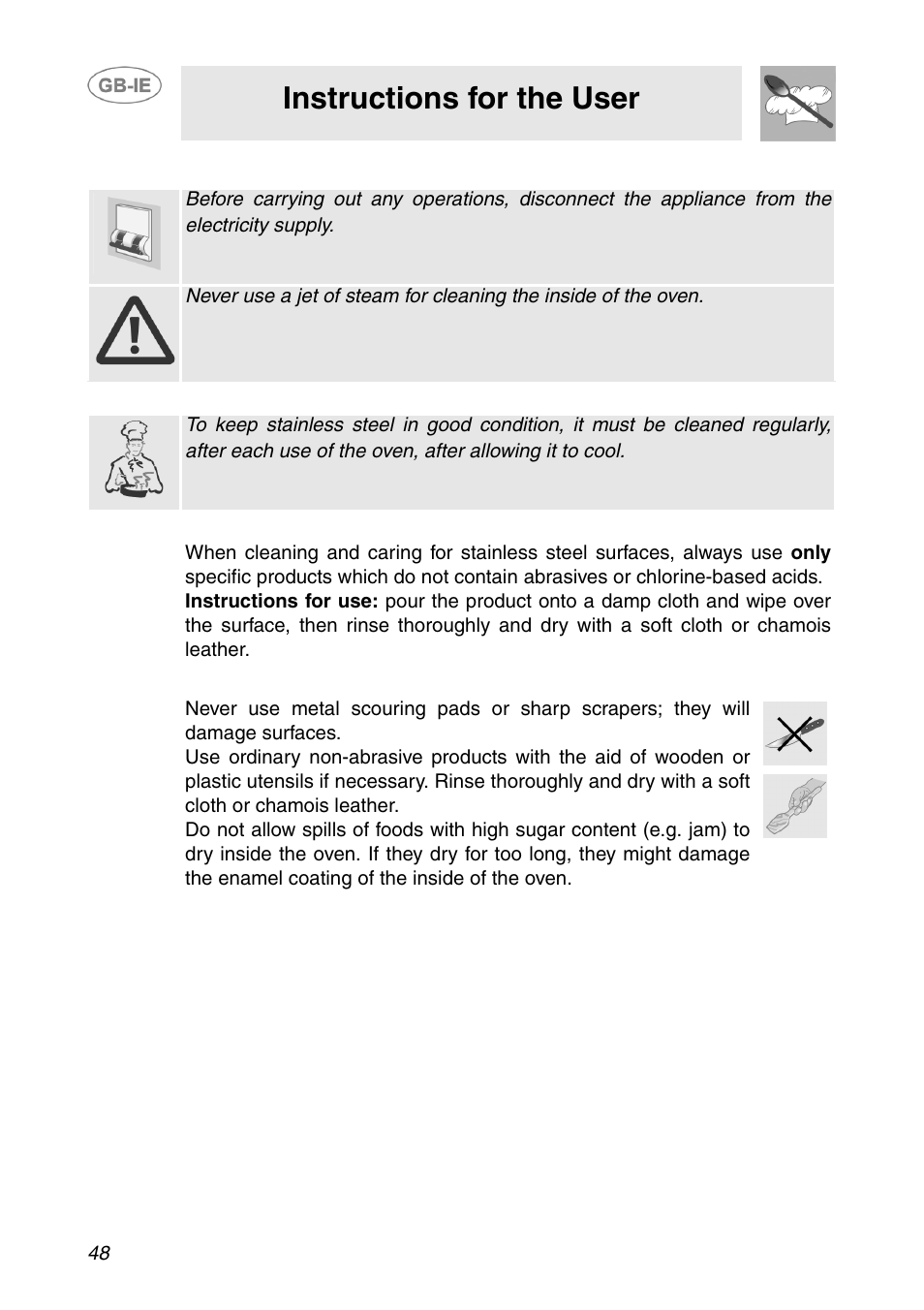 Cleaning and maintenance, 1 cleaning stainless steel, 2 routine daily cleaning | 3 food stains or spills, Instructions for the user | Smeg APL360XC User Manual | Page 19 / 27