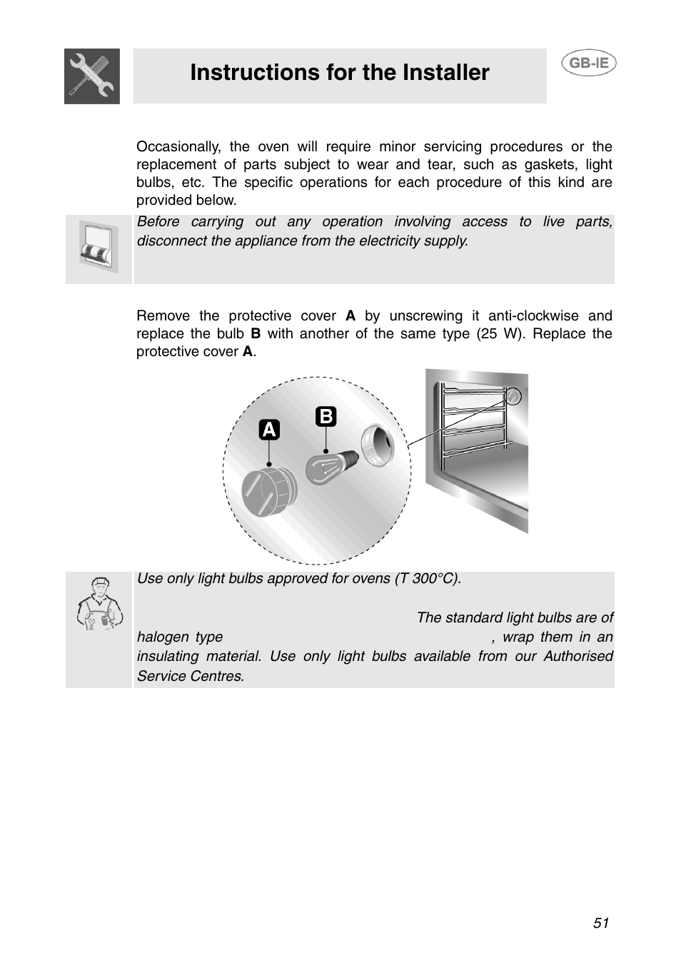Extraordinary maintenance, 1 changing the light bulb, Instructions for the installer | Smeg APL360XC User Manual | Page 22 / 27