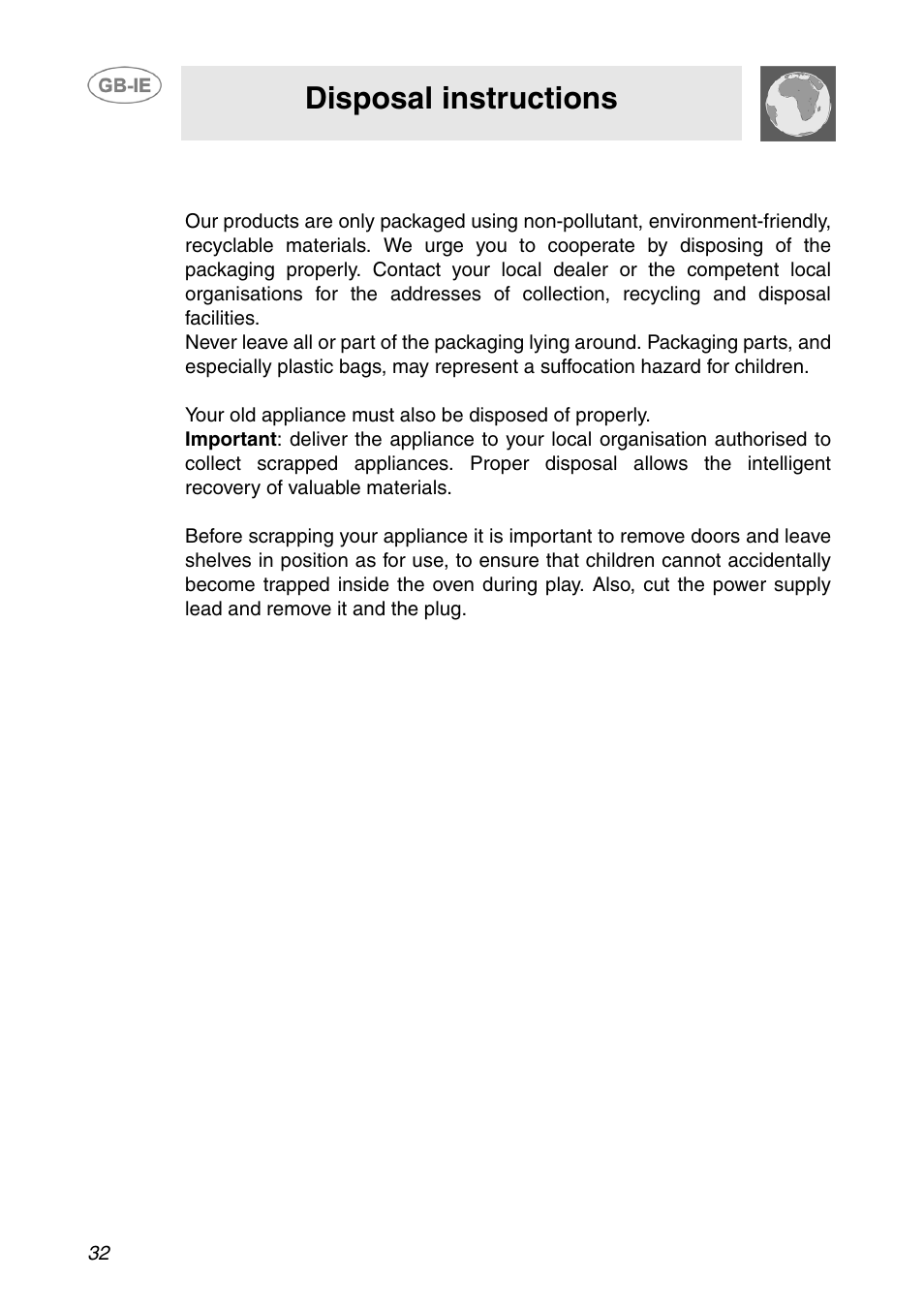 Disposal instructions - our environment policy, Disposal instructions | Smeg APL360XC User Manual | Page 3 / 27
