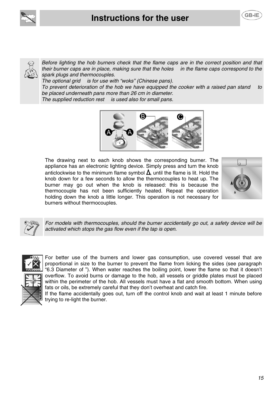 Instructions for the user, Use of the hob, 1 lighting of the hob burners | 2 practical advice for using the hob burners | Smeg SUK90MFX5 User Manual | Page 13 / 24