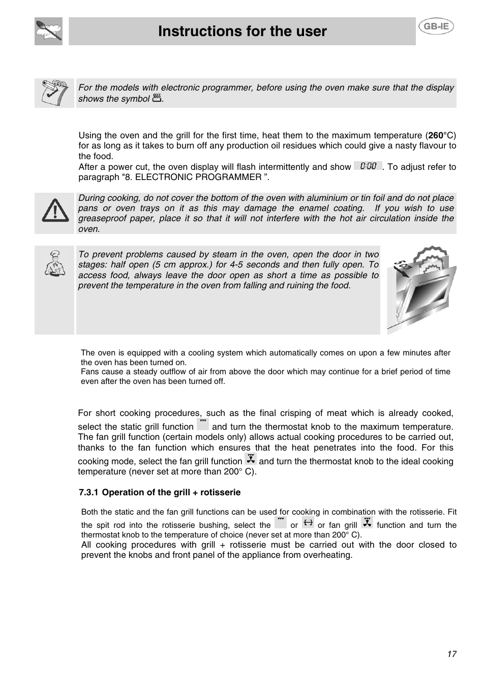 Instructions for the user, Use of the oven, 1 warnings and general advice | 2 cooling system, 3 use of the electric grill | Smeg SUK90MFX5 User Manual | Page 15 / 24