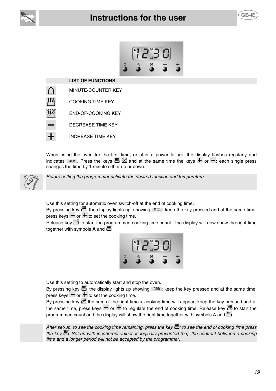 Instructions for the user, Electronic programmer (only on equipped models), 1 clock adjustment | 2 semiautomatic cooking, 3 automatic cooking | Smeg SUK90MFX5 User Manual | Page 17 / 24