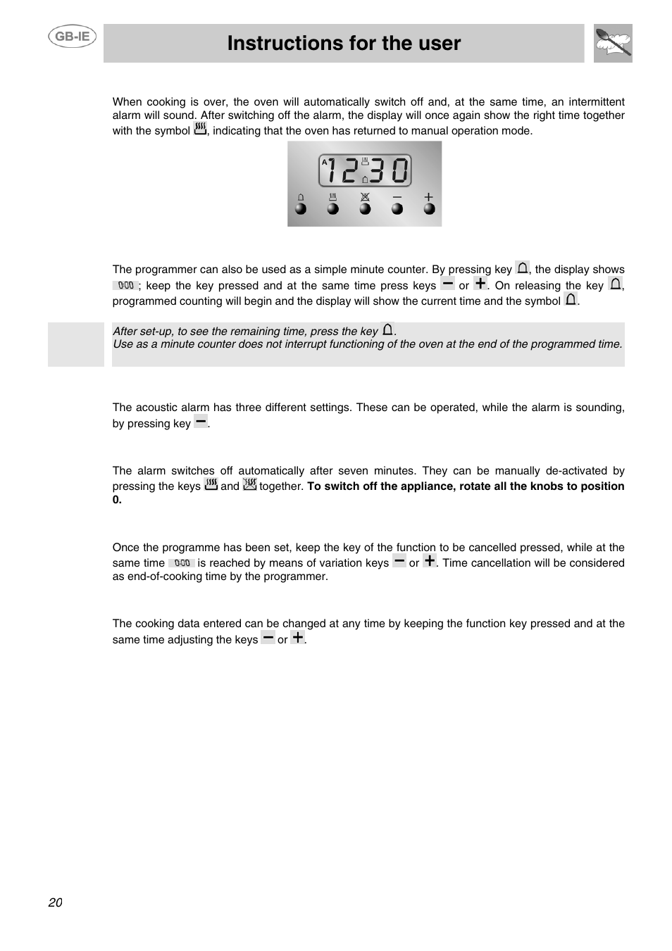 Instructions for the user, 4 end of cooking, 5 minute counter | 6 adjusting alarm volume, 7 switching off the alarm, 8 cancellation of set data, 9 changing the set data | Smeg SUK90MFX5 User Manual | Page 18 / 24