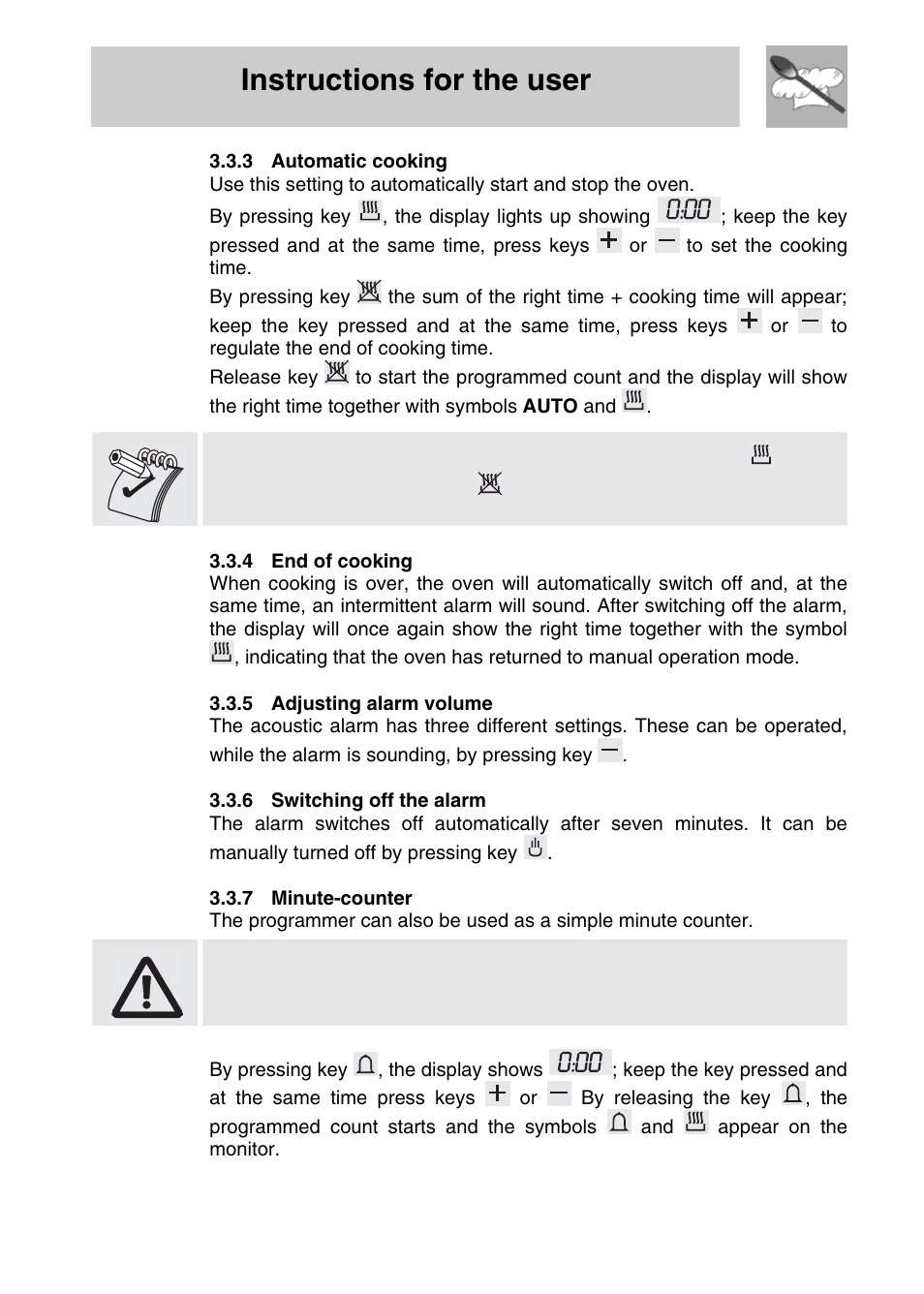 3 automatic cooking, 4 end of cooking, 5 adjusting alarm volume | 6 switching off the alarm, 7 minute-counter, Instructions for the user | Smeg SA704X-5 User Manual | Page 14 / 28